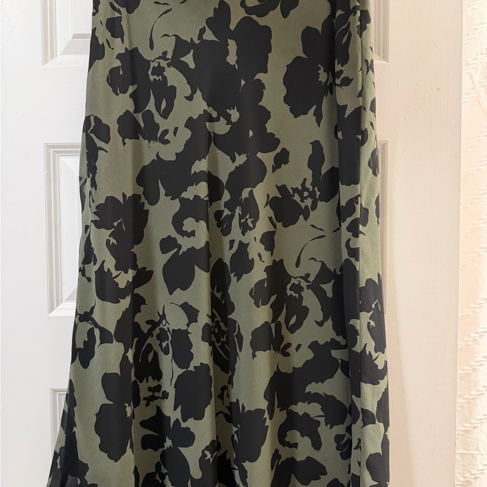 Nordstrom Olive Green A-Line Skirt with Black Floral Print